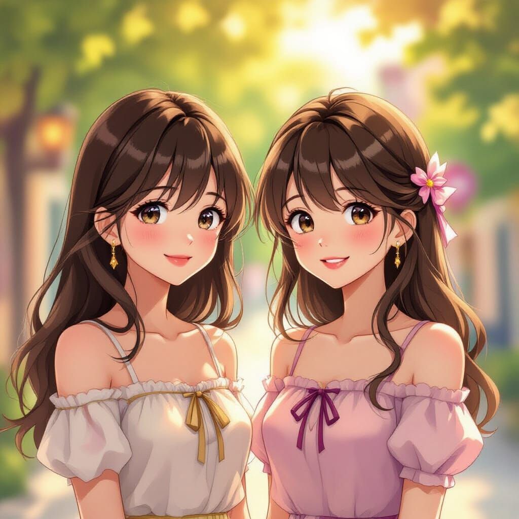 Beautiful Young Girls and Best Friend in Anime Style
