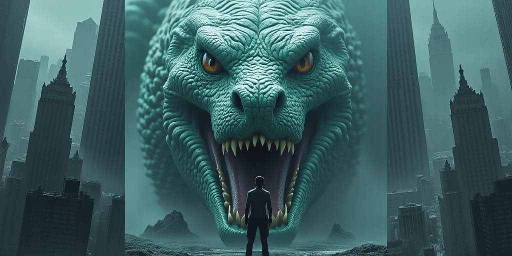 Jormungandr the world serpent from Norse mythology gazing do...