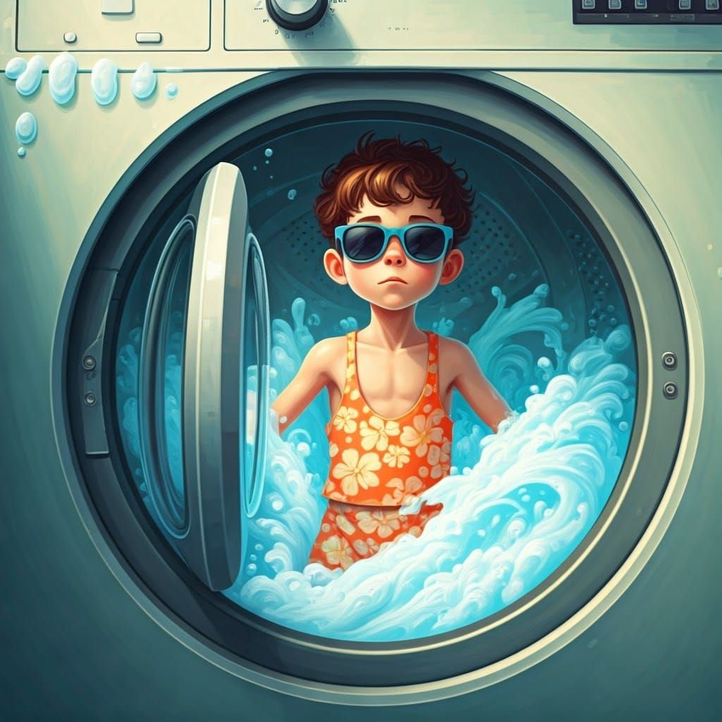 Handsome Boy Trapped in Retro Washing Machine