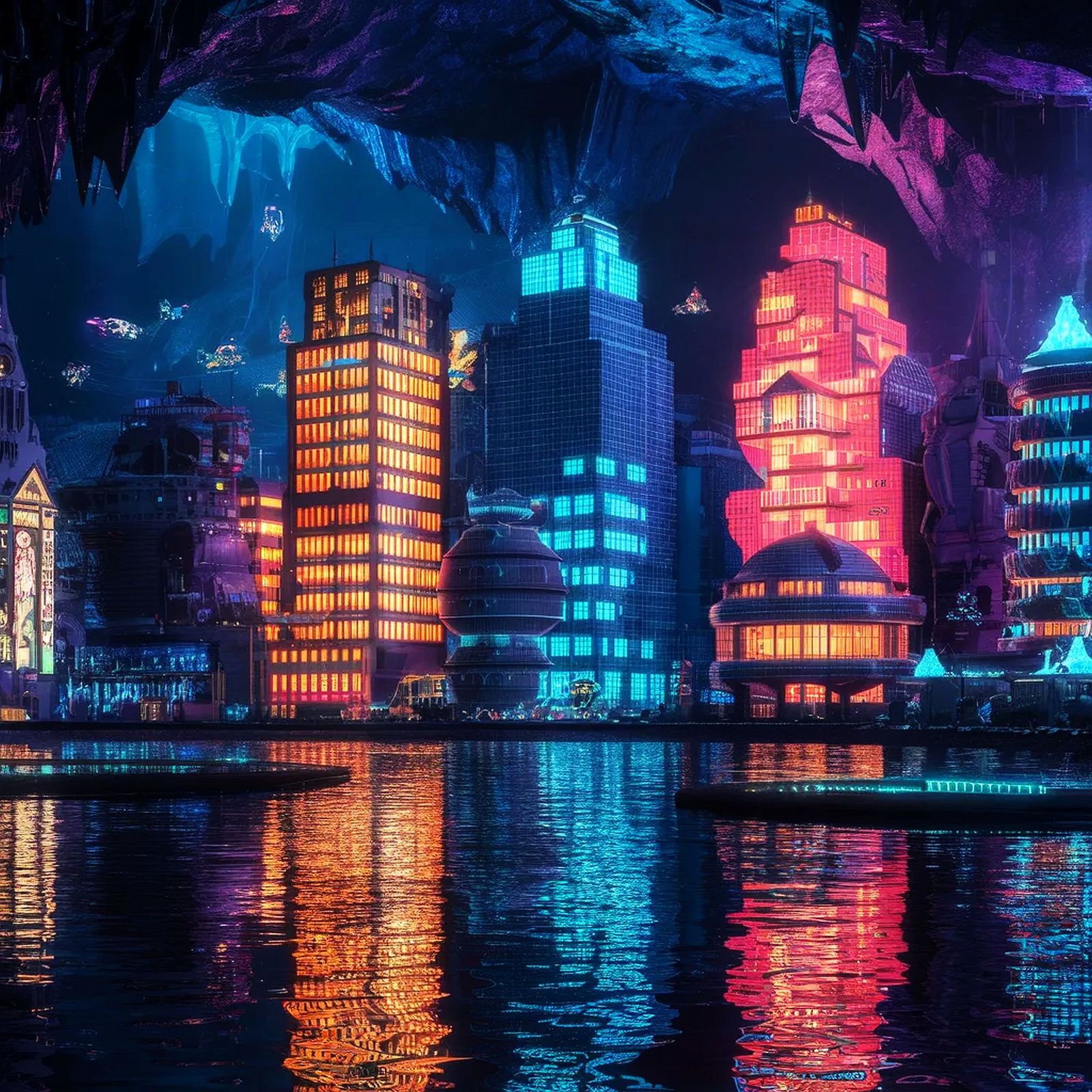 REFLECTION OF A CITY INSIDE AN ENORMOUS CAVERN.