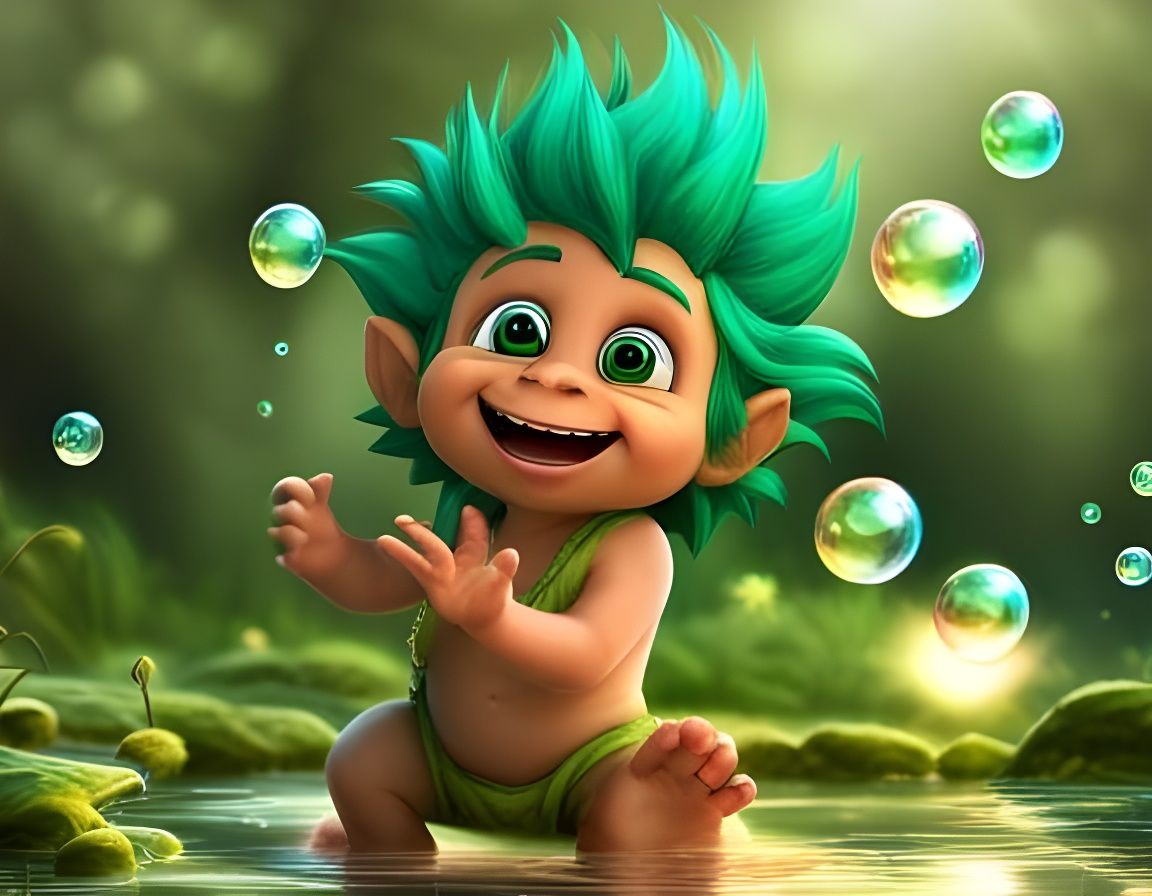 baby troll playing with green colored swamp bubbles  by @Kept