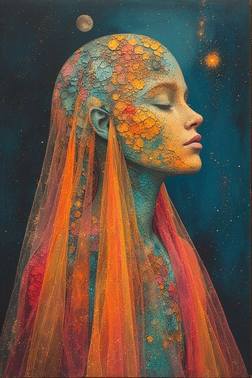 The bride lost in the colors of life