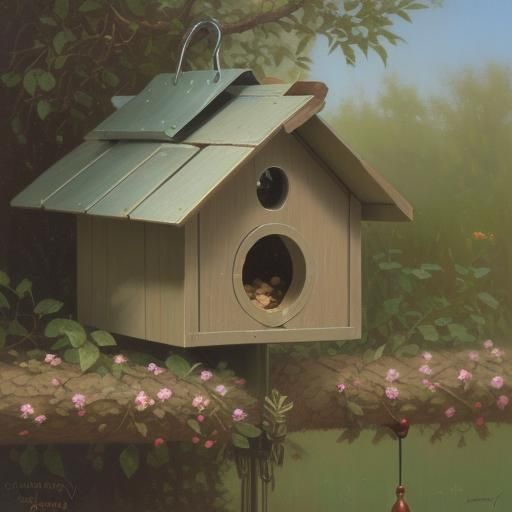 A backyard with a mixed nuts bird feeder AI Generated Artwork