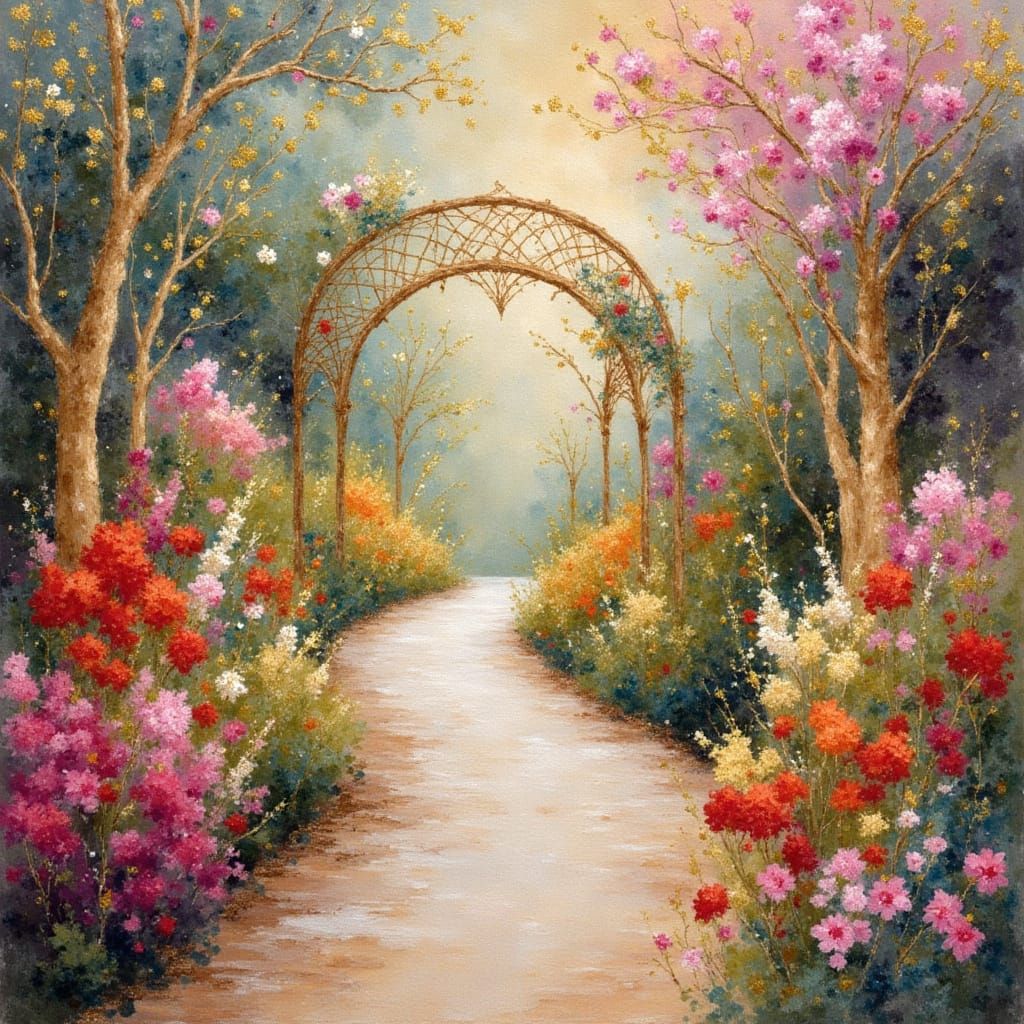 Garden path, in the spring, 🌸⚘️🪻🌻, by Anna Silivonchik and Aubrey Beardsley, encaustic, whimsical, vibrant, intricately detailed <lora:Geo g...