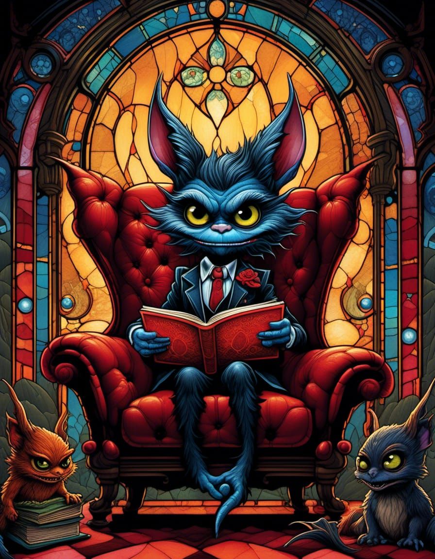 demoncore gremlin punk horror wave two parts in one art double exposure best quality dark tales close up well-dressed demon sitting on armch...