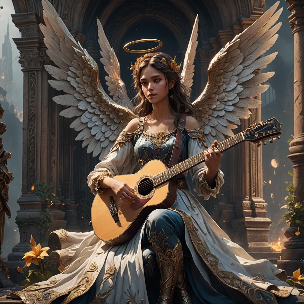 An Angel with a guitar waiting to hear your reply to her que...