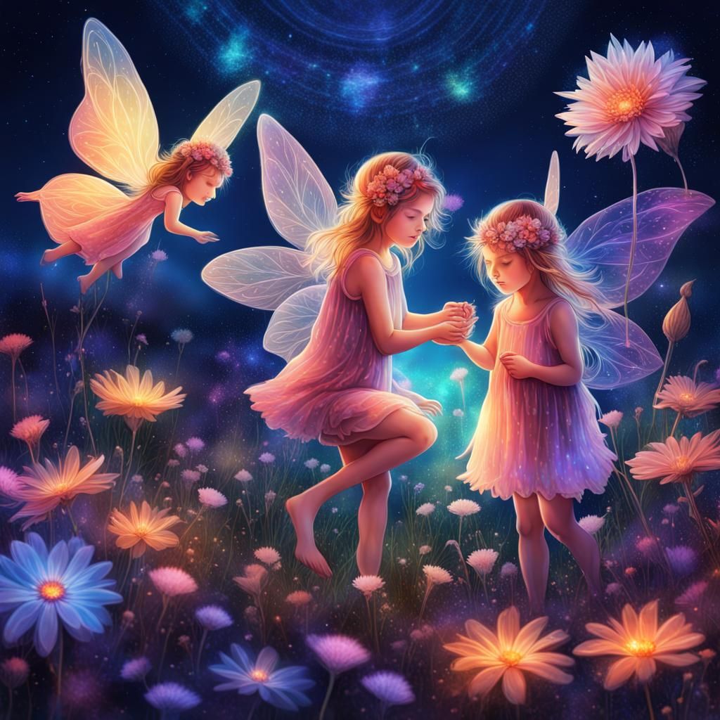 little fairies playing with flowers in a flower field at night - AI ...