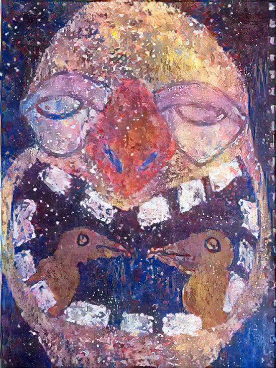clown with birds in mouth