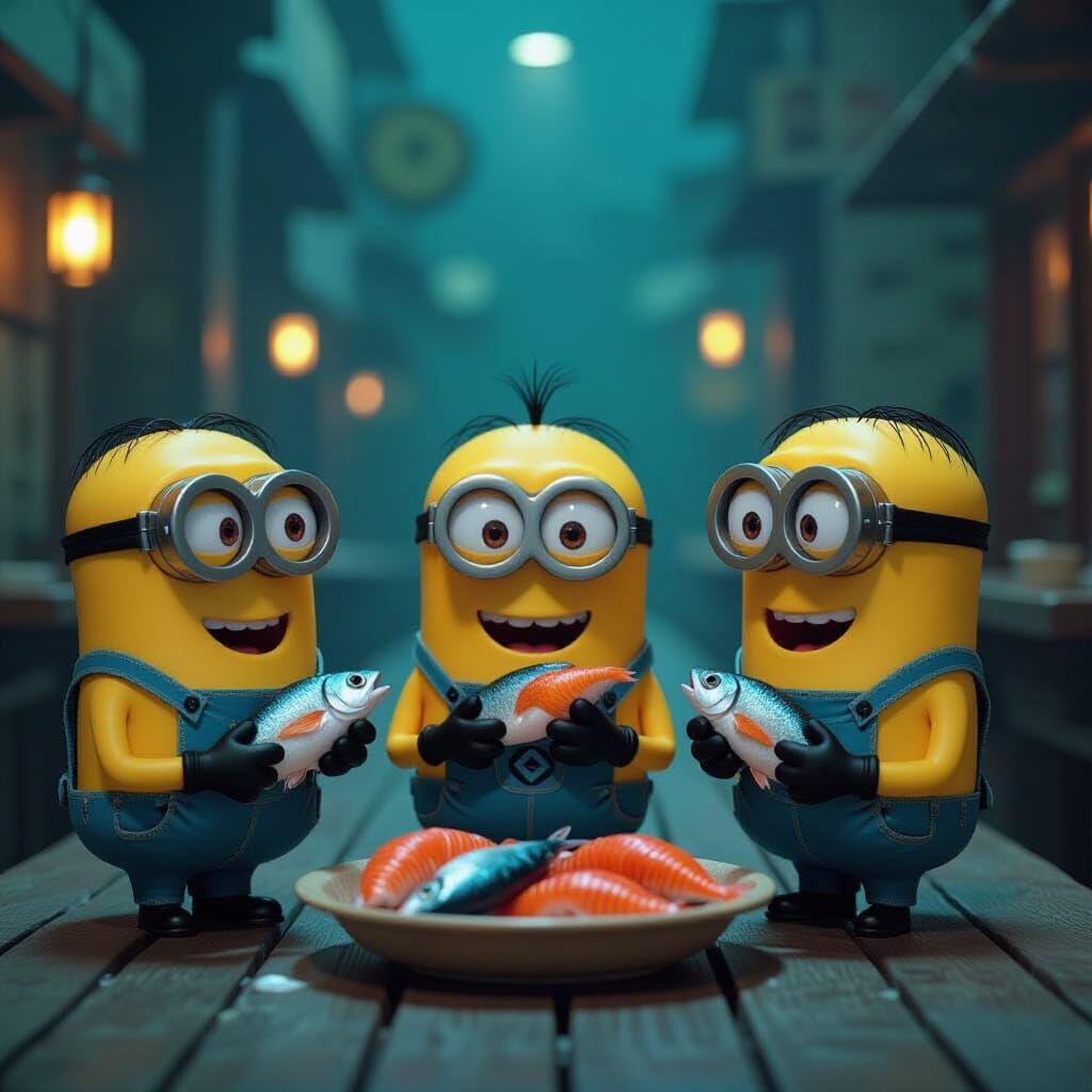 Minions Eating Fish in Cinematic Film Style