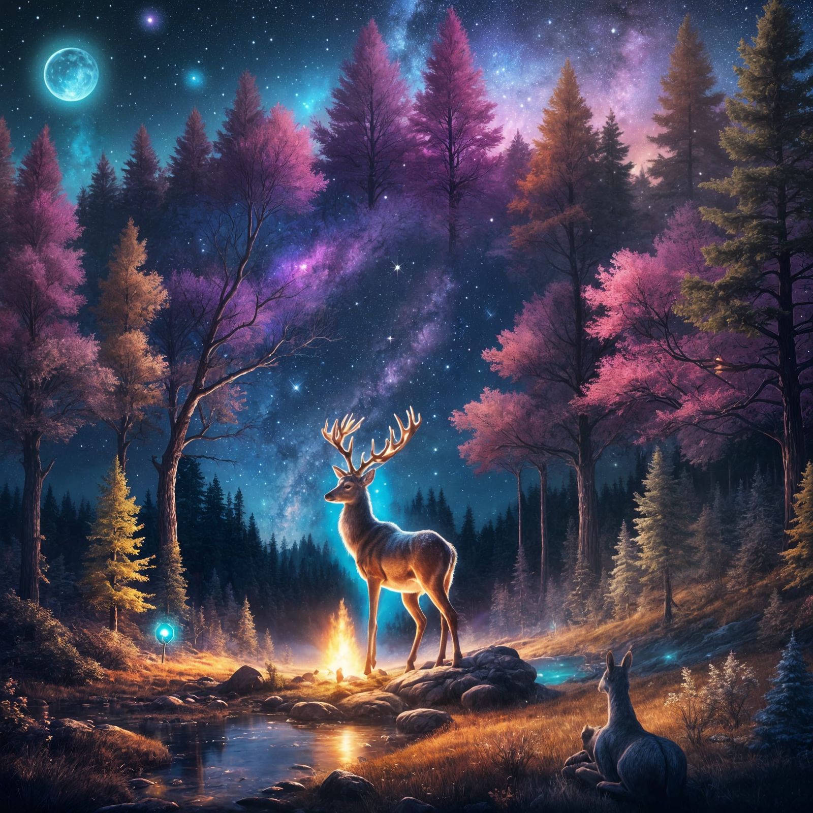 Picturesque Landscape with Deer Under Starry Night