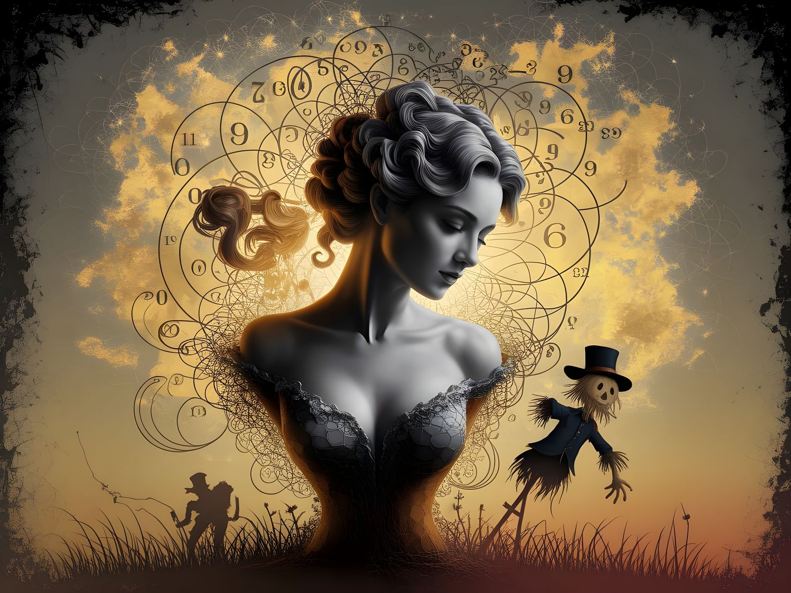 Feminine Portrait Emerging From Swirling Numbers