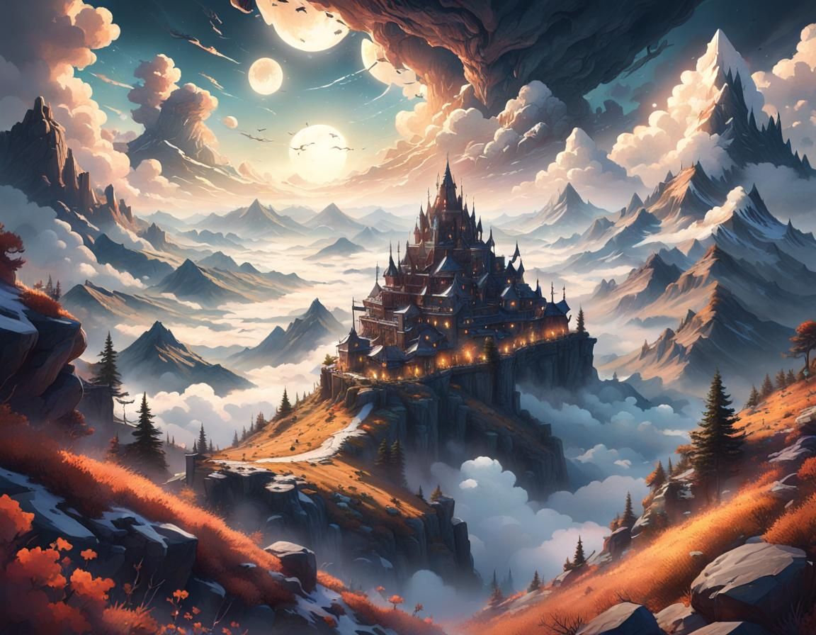 Ominous Eyes Over Peaceful Mountainscape in Dark Fantasy Art