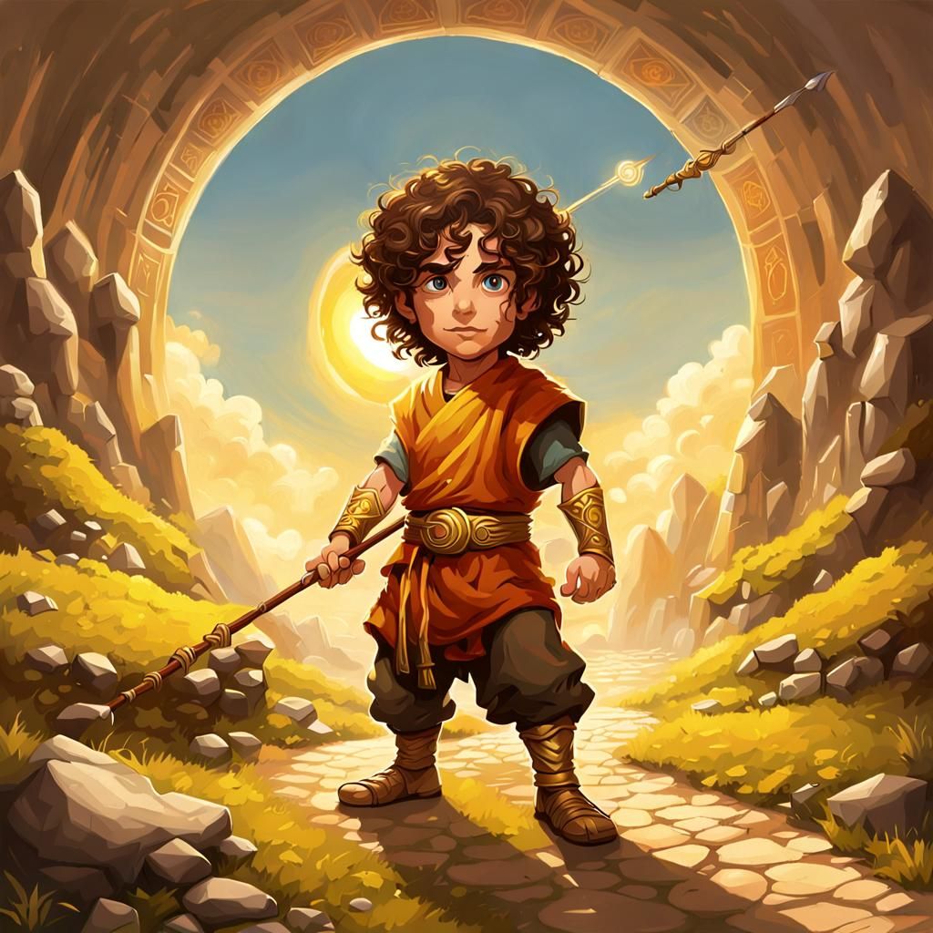 Way of the sun soul, curly brown hair, halfling monk with qu...