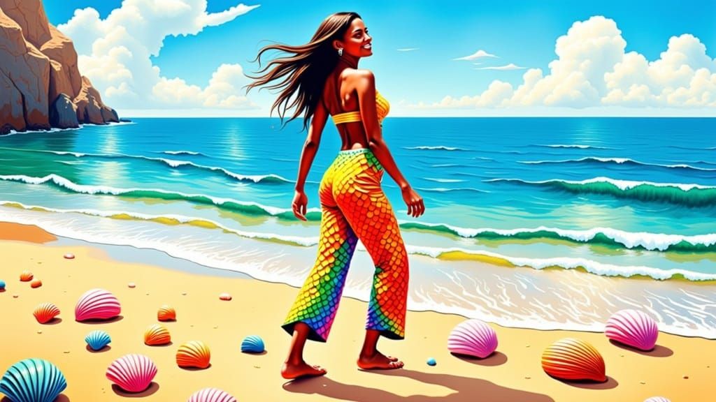 <lora:dotty2:1.0> a woman in trousers and a matching tube-top made from evanescent fish like looking scales , scene is on the beach surround...