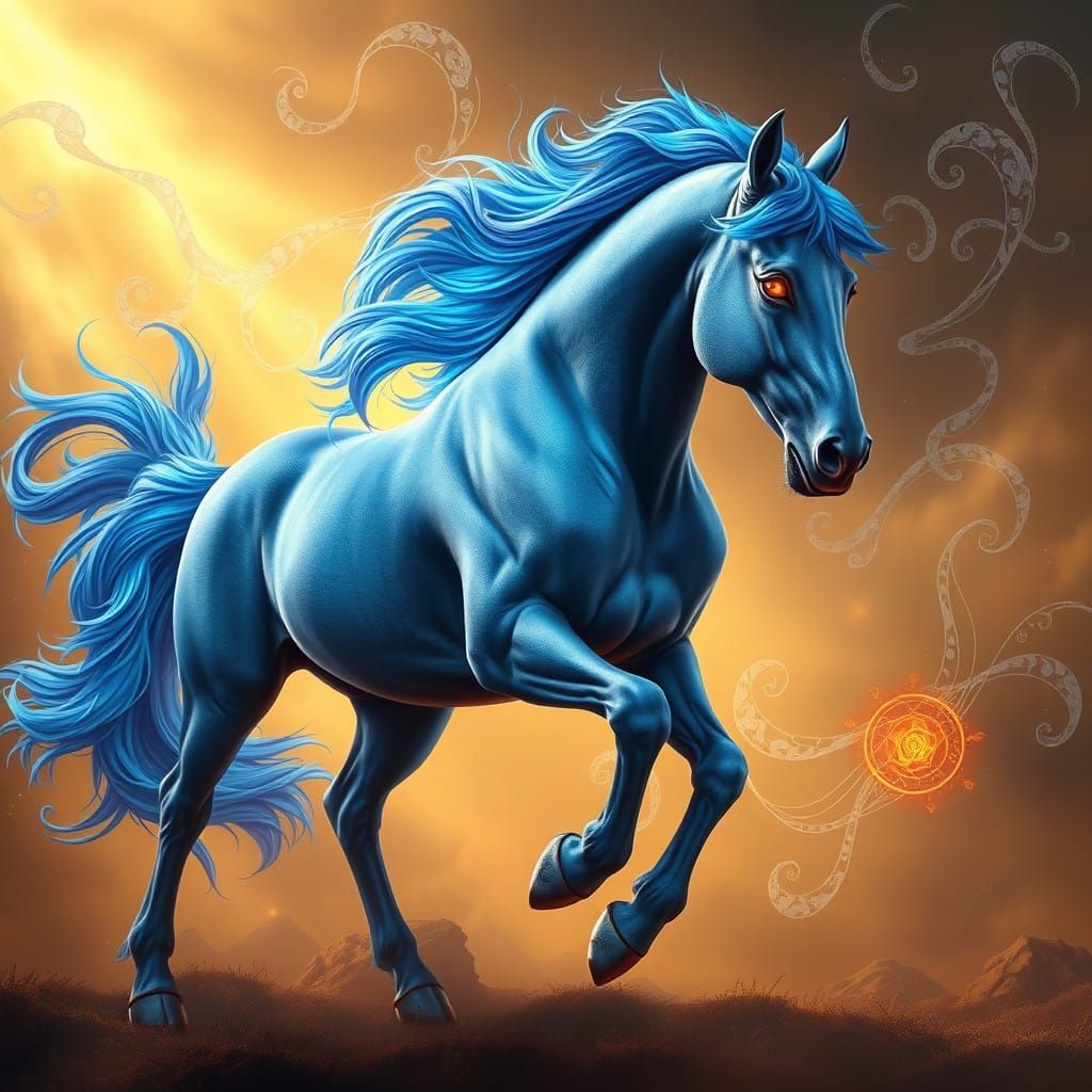 Electric Blue Stallion in Epic Fantasy Landscape
