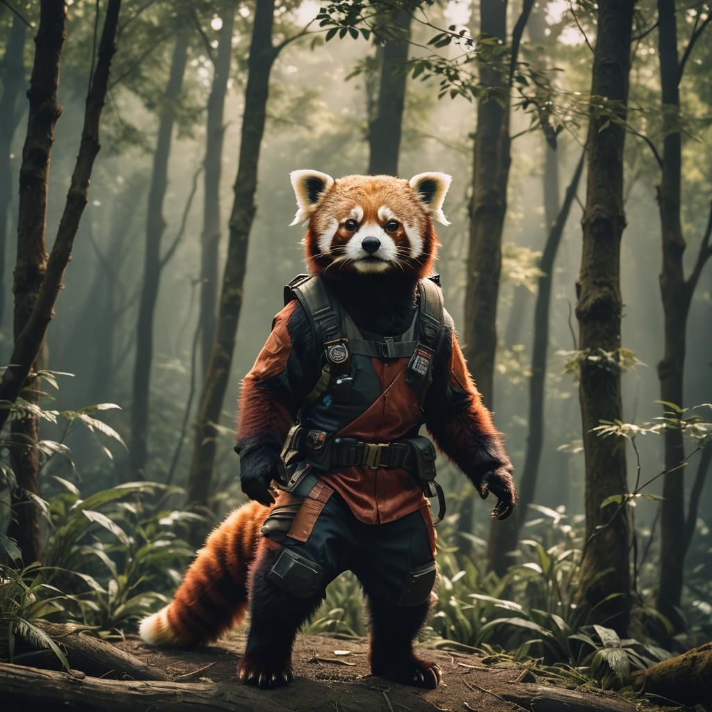 a single anthropomorphic red panda medieval fantasy ranger with a scimitar. Cinematic film still, shot on v-raptor XL, film grain, vignette,...