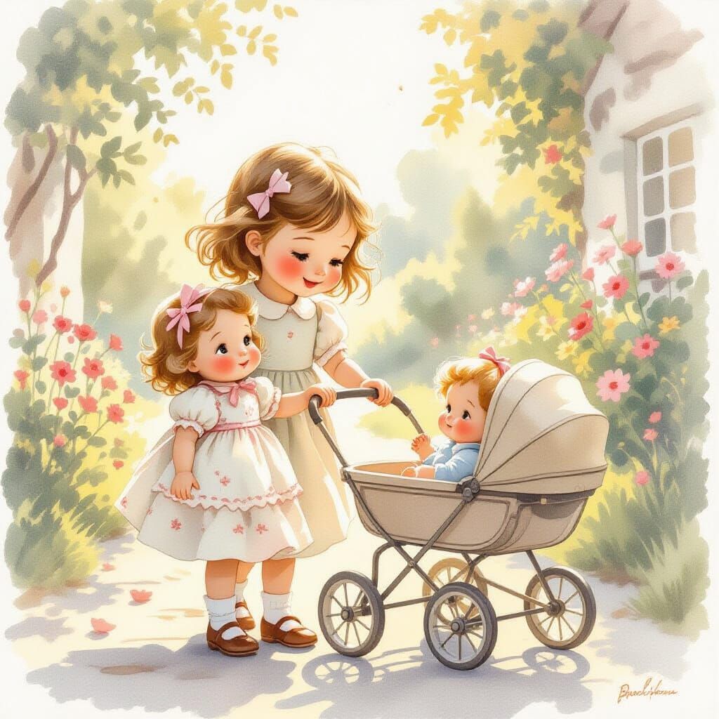 Girl With Doll and Stroller in Storybook Style