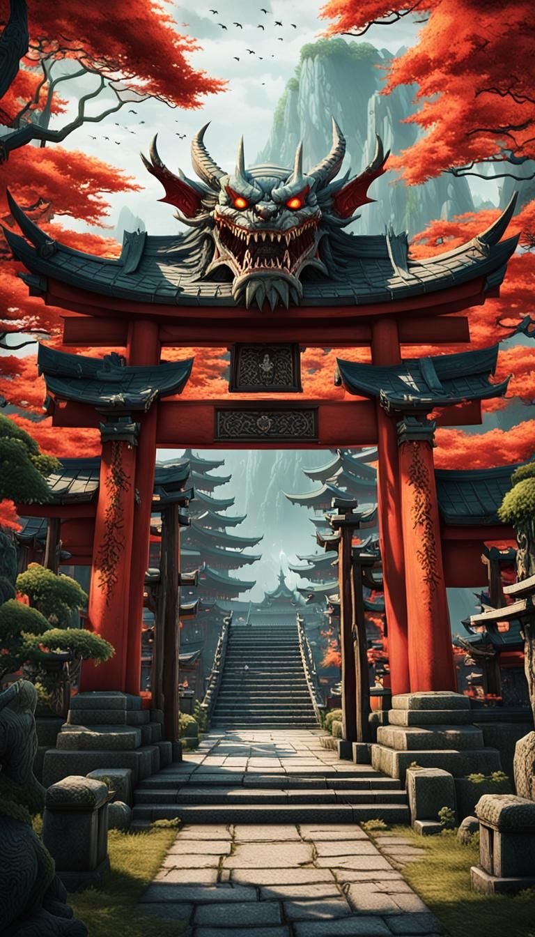 3D World of Warcraft, supervillain, Shinto elements. Torii g...