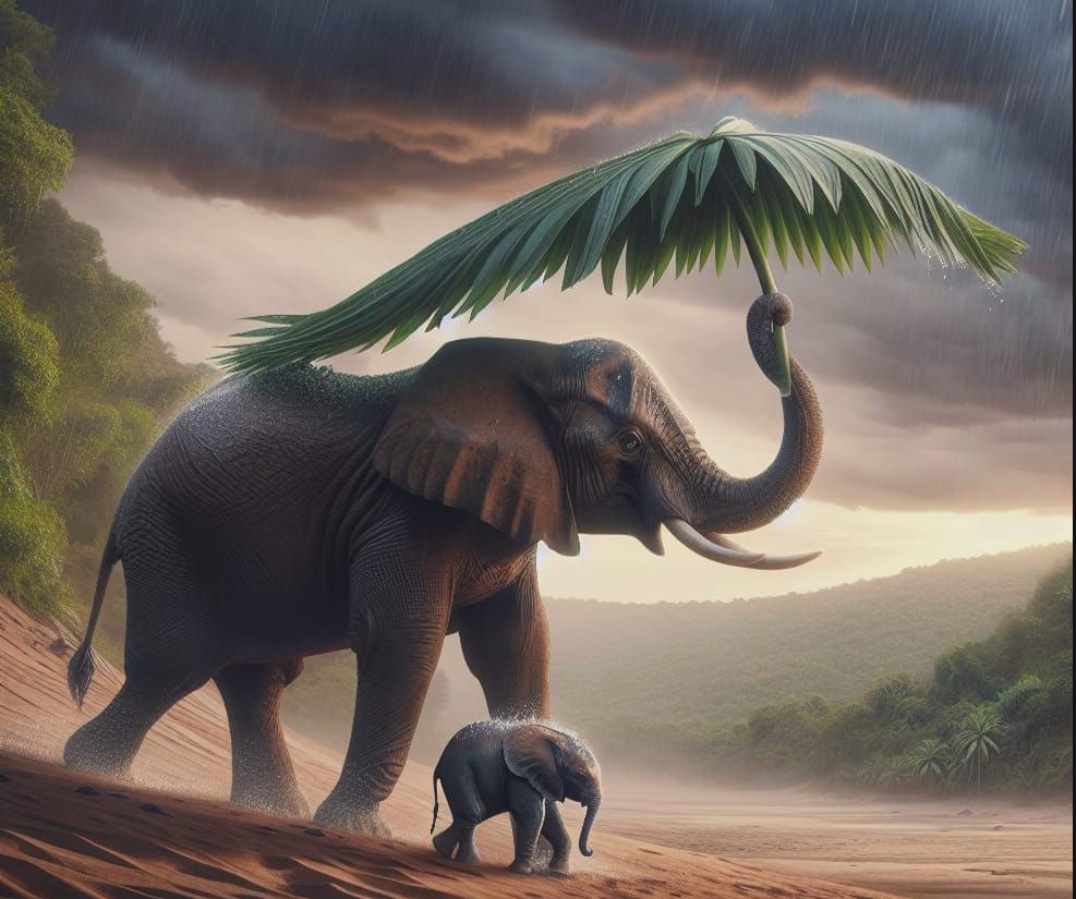 Elephant using palm branch to protect child from rain  by @David Myers