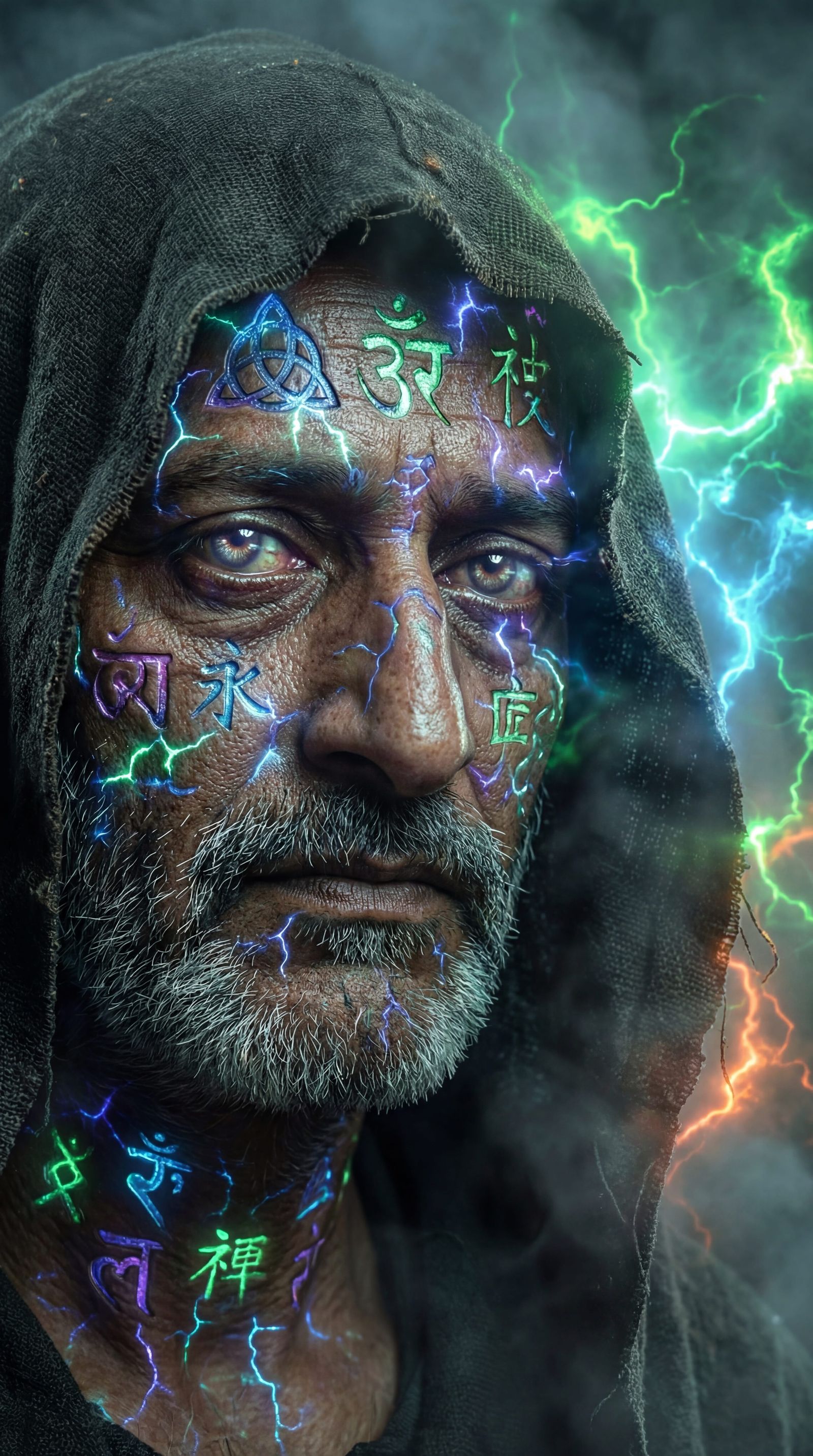 Ancient Mystic with Glowing Runes in Foggy Plasma