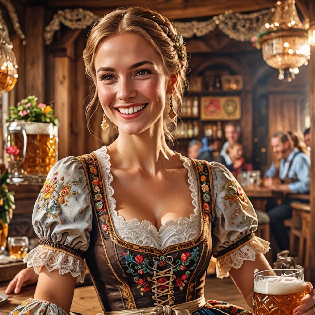 A beautiful young woman celebrating Oktoberfest, wearing a traditional Bavarian dirndl dress with intricate ...  by @Miss Dragons