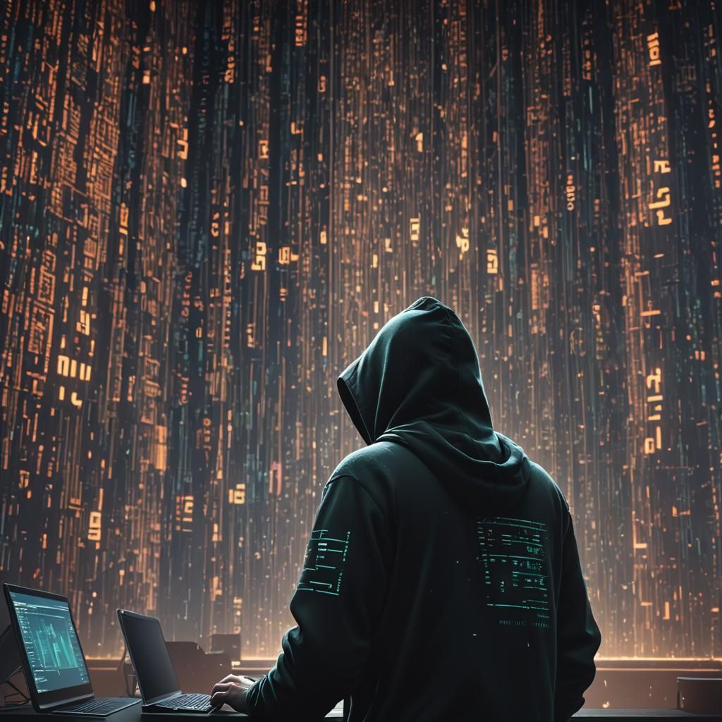 A hacker hacking someones computer with binary code in the d...