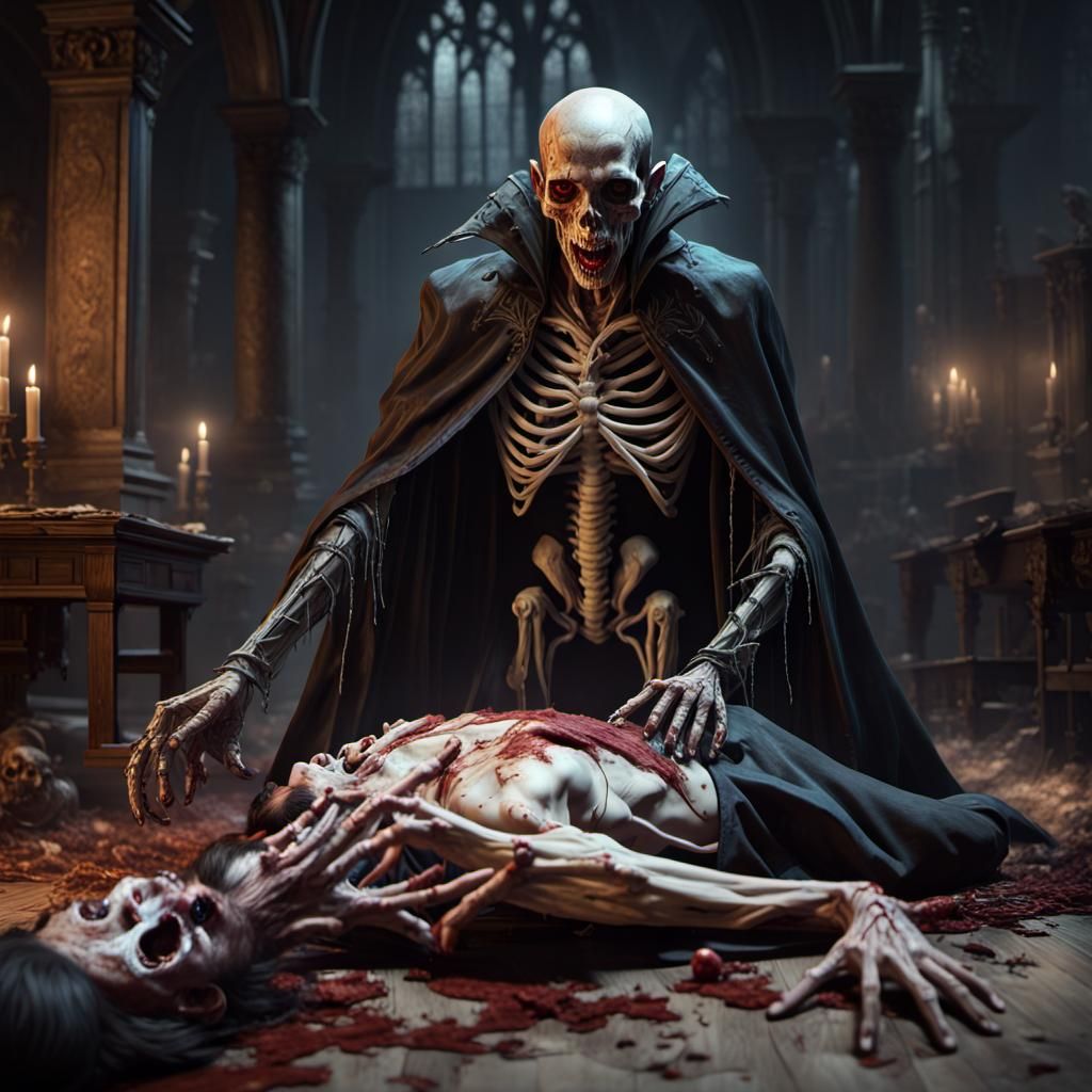 squeleton male vampire capturing the soul of his prey, dark ...