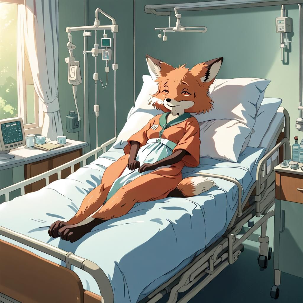 Elderly anthropomorphic female fox in a hospital bed. 