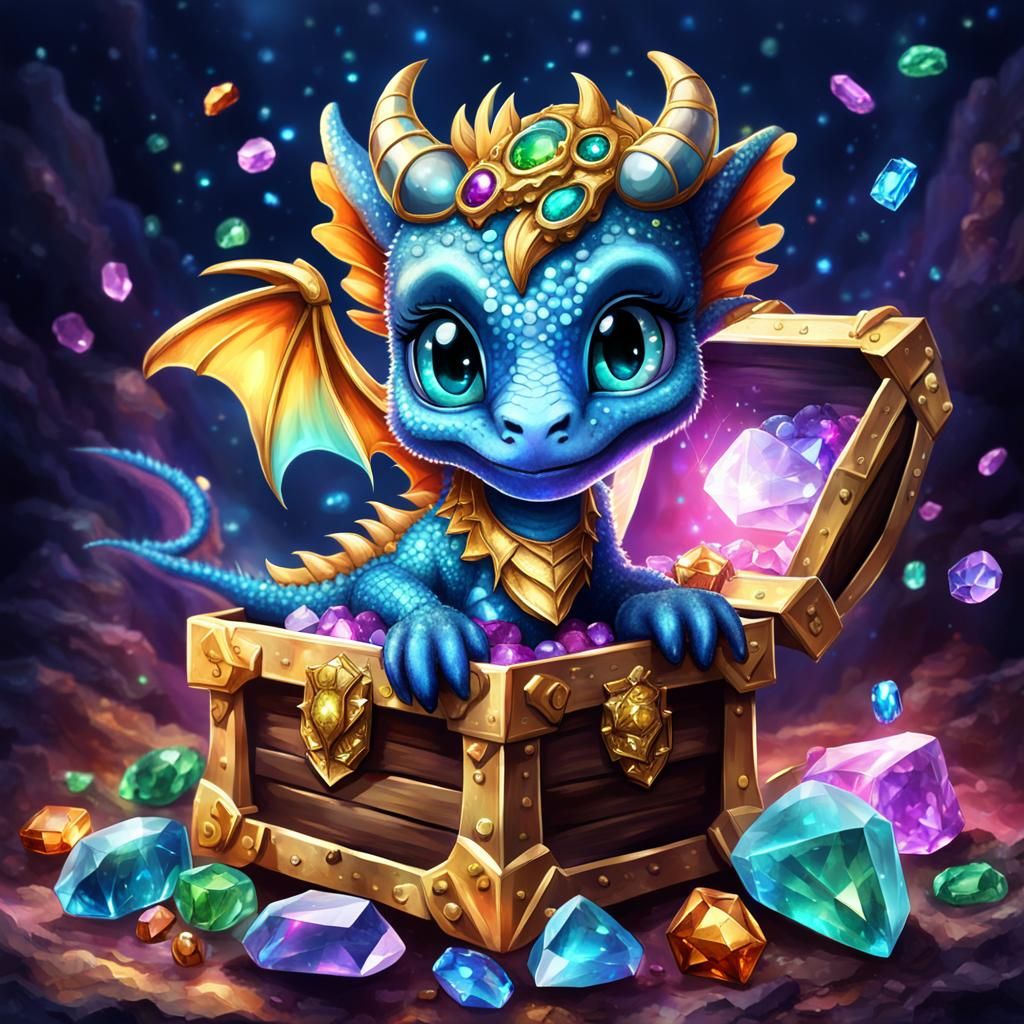 Adorable cute tiny chibi baby dragon with big eyes curled atop an