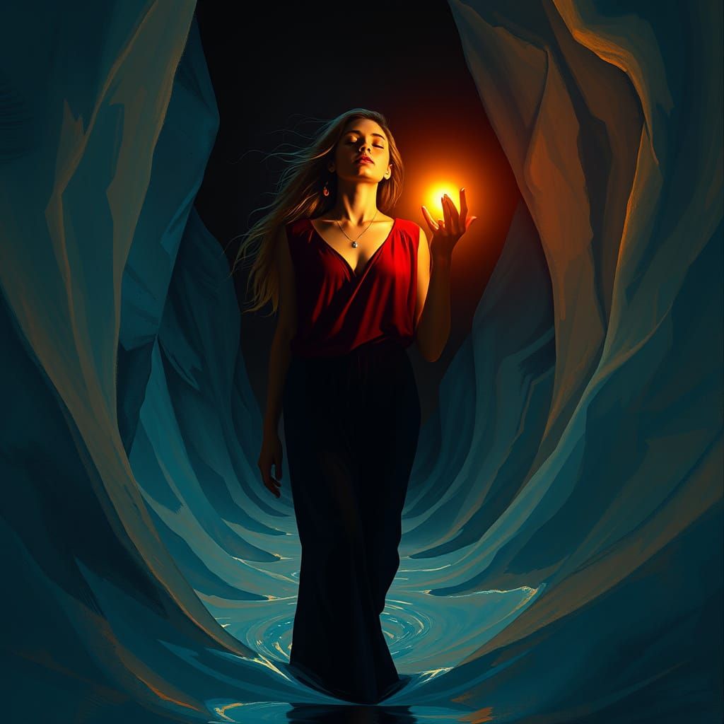 Surreal Woman Guided by Light Through Abstract Abyss