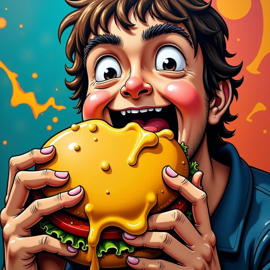  <lora:GraffitiPiece FL:1.0> A close-up of someone enjoying a bite of a dripping cheeseburger, with a playful grin.