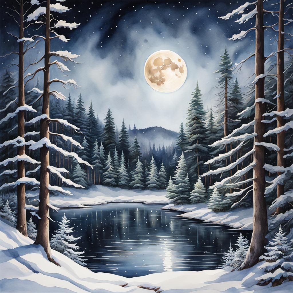 Watercolor lake in winter
