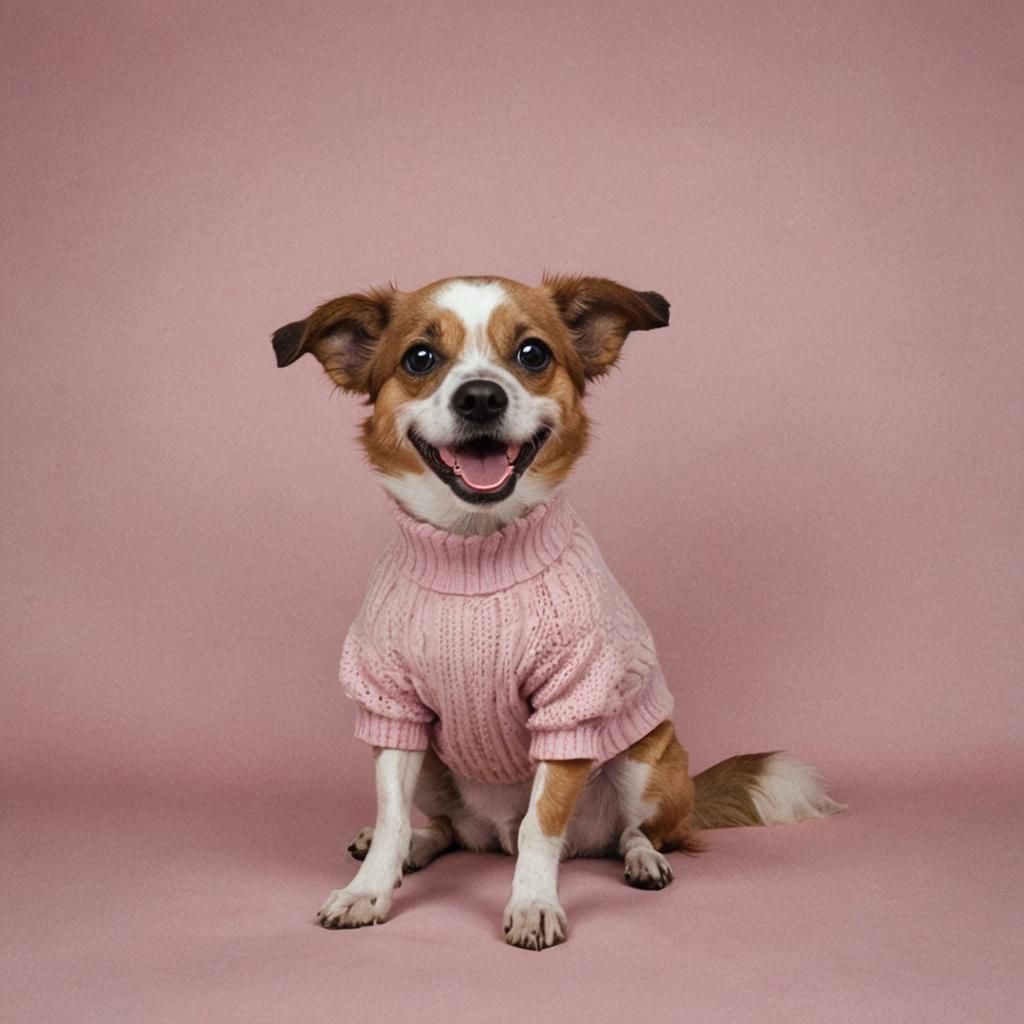 silly dog in a pink sweater