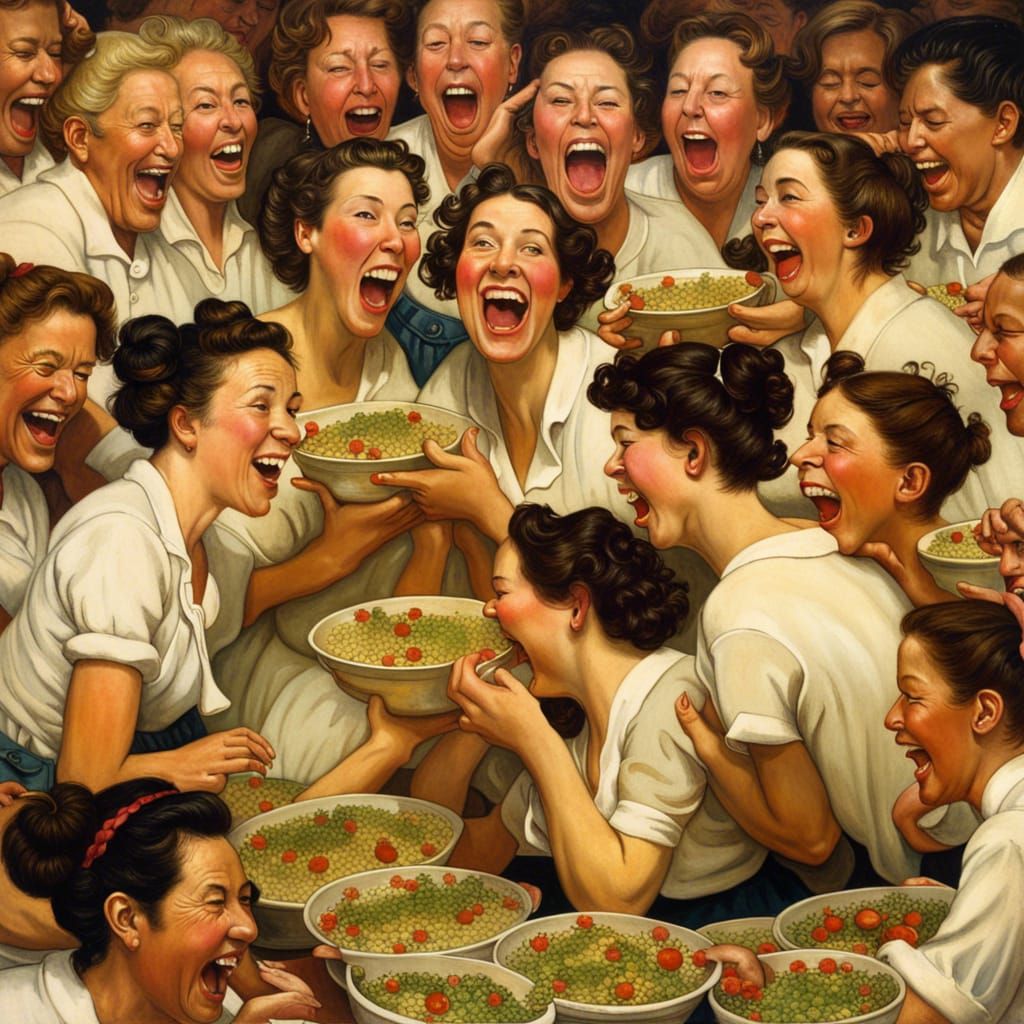 Norman Rockwell painting masses of women laughing eating bowls of