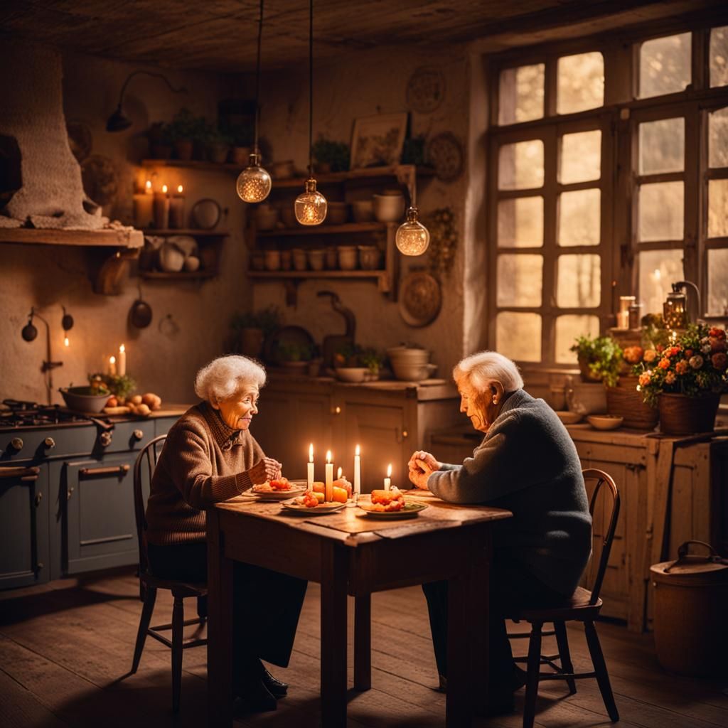 An elderly couple in love, sitting in an old kitchen at a table. Romantic feeling. The table is set with ...  by @Terryh