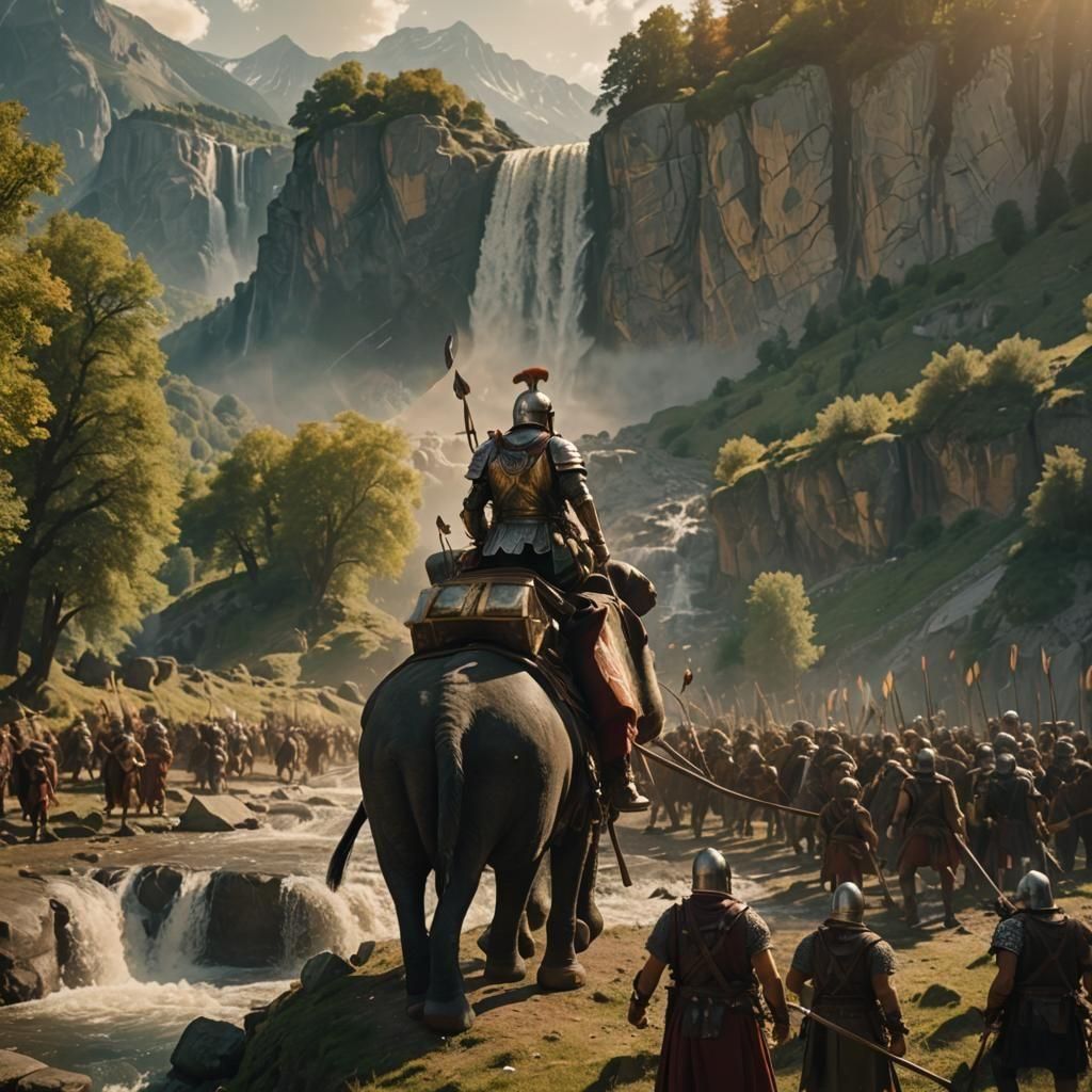 very accurate and realistic photo of a roman army crossing the Alps. horses, roman centurion chrome armor riding an elephant at foreground....