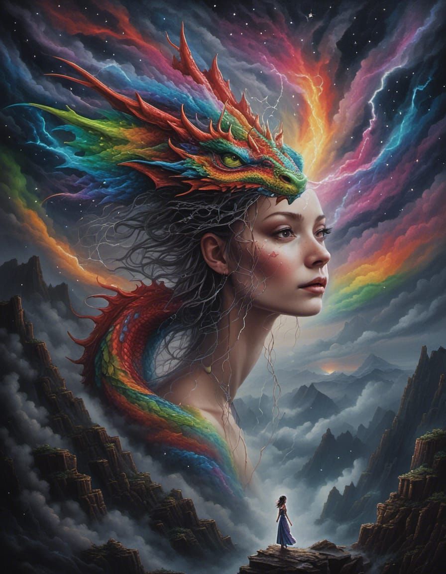 Portrait of a Rainbow headed dragon woman in a lightning canyon stormy weather abounds by Star  <lora:Ecaso SDXL:1.0> 