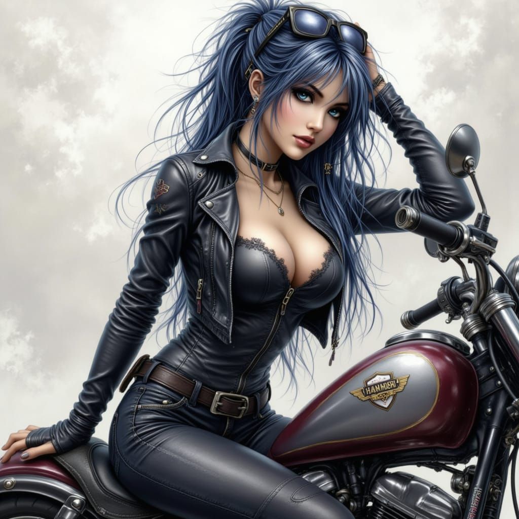 Manga Beauty in Leather Biker Outfit on Motorbike