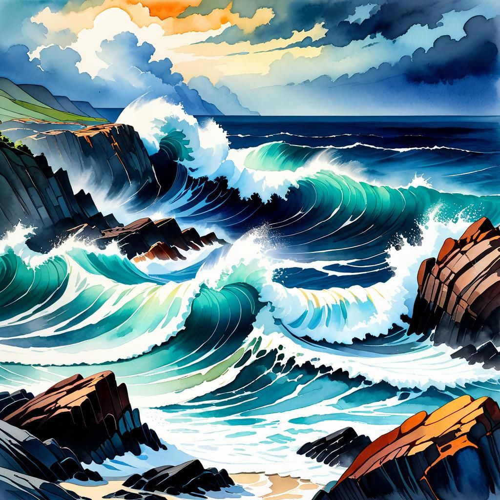 An impasto technique  hand-drawn watercolor and ink illustra...