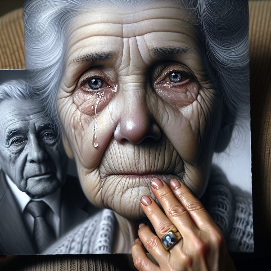 a wet oil painting of an old woman with grey hair , a wrinkled face, she is  sitting next to a photograph of an old man, she is looking at h... -