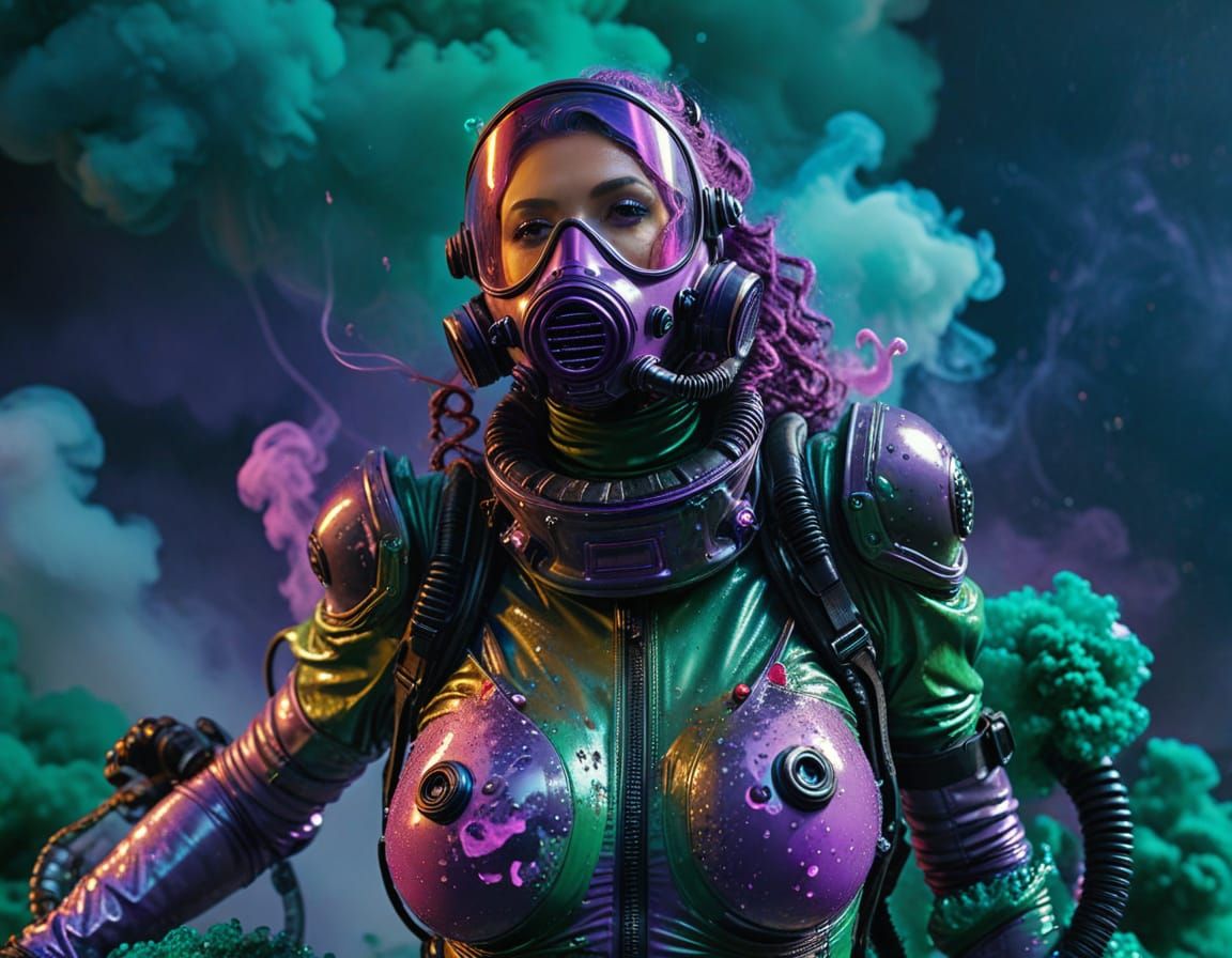Glowing Hazmat Goddess in Neon-Lit Apocalypse