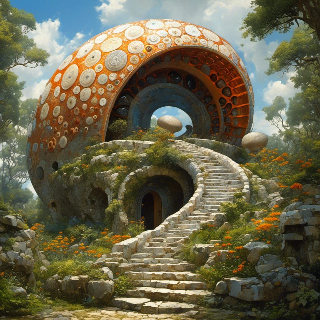 <lora:MJ6 Surreal Builds:1.0> Giant Snail Shell Pavilion: A pavilion shaped like a giant snail shell, with spiral chambers and corridors le...