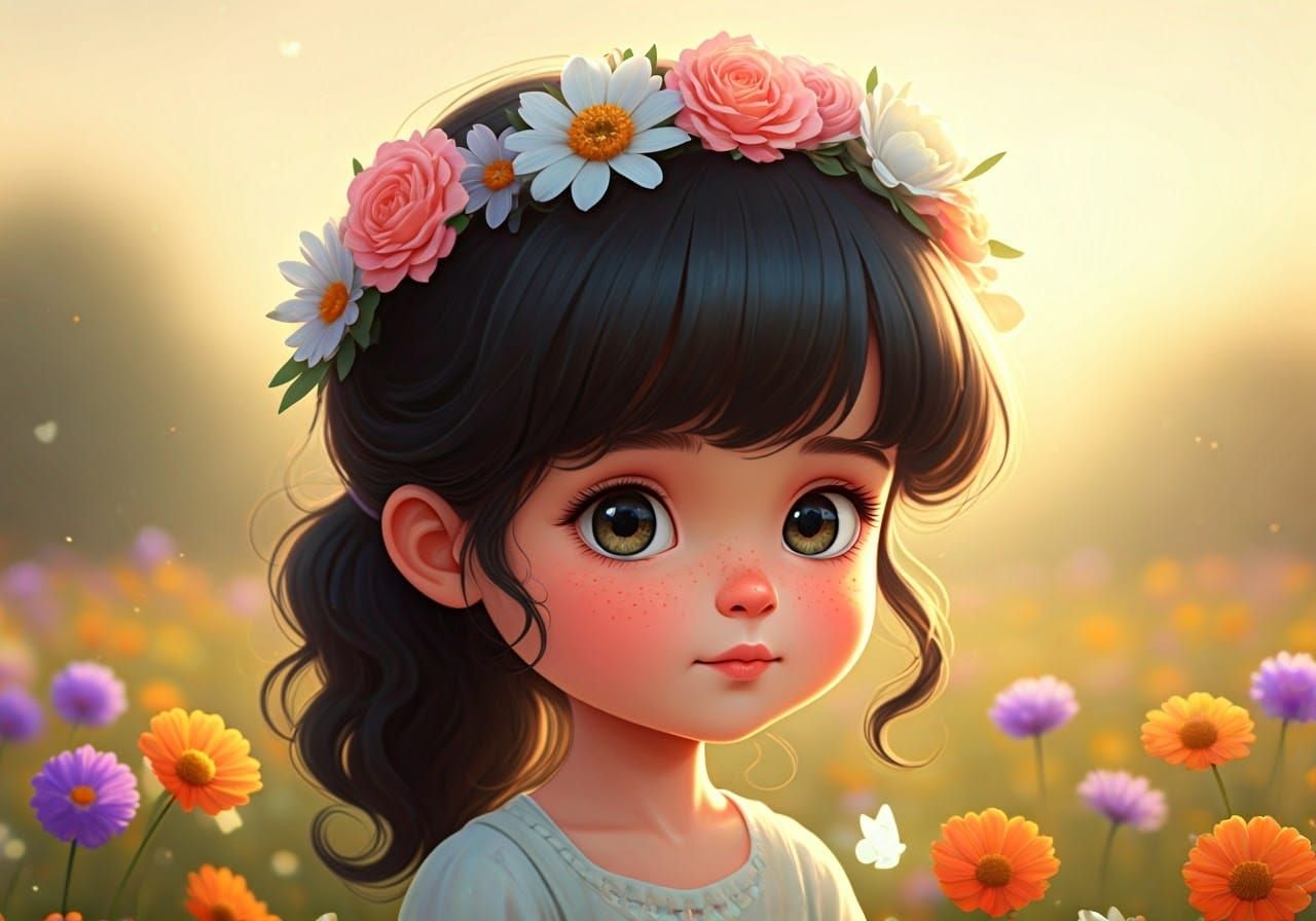 Girl with Flower Crown in Anime 3D Style