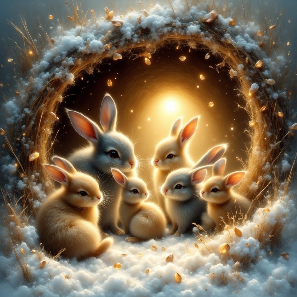 A family of <lora:EtherealVisionsFlux:1.0> bunnies in a <lora:Dreamy Enchantment:1.0> winter nest  by @MrsLoomis