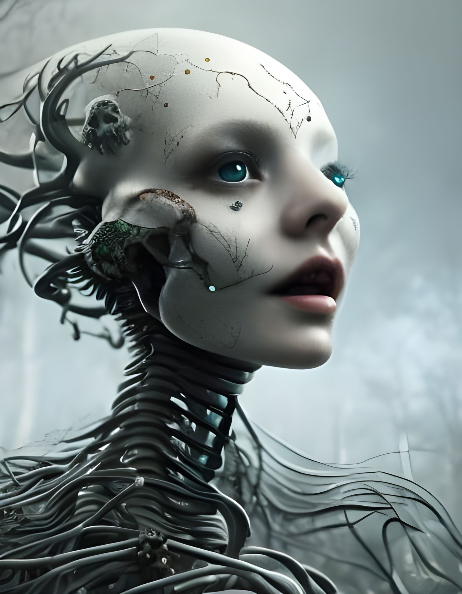 Beautiful intricate female gynoid robot with visible wiring, lifelike ...