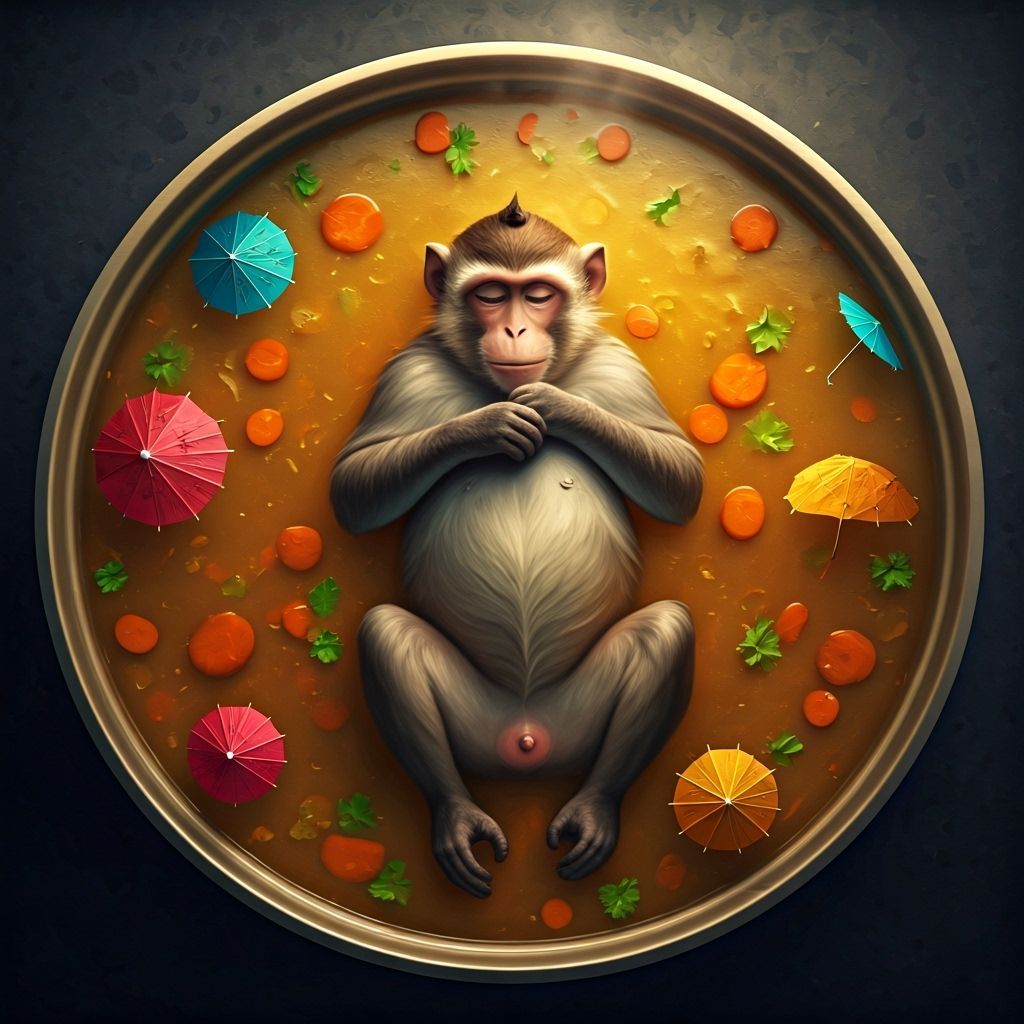 Humorous Monkey Bathing in Chicken Soup