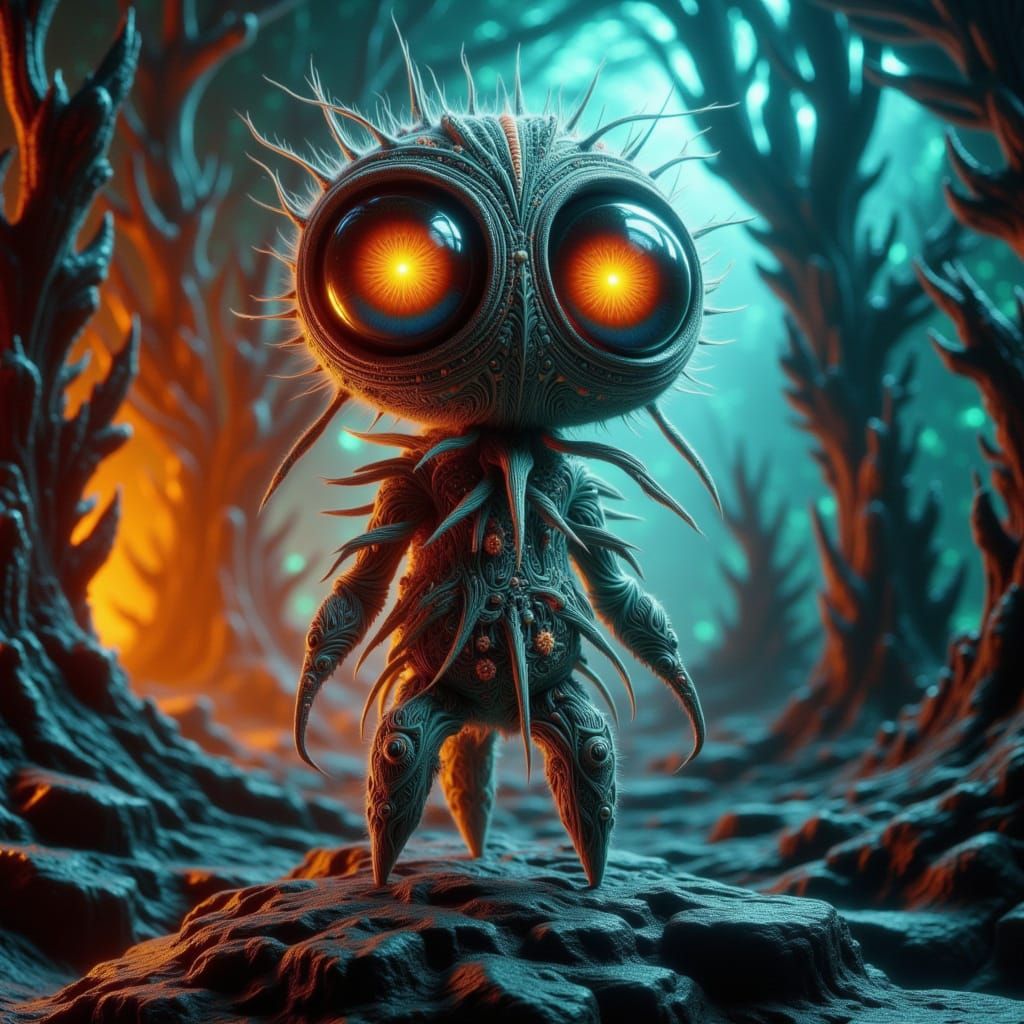 <lora:-ArachNoculi-:1.0>  Whimsical atmosphere ▪ Enchanted forest setting ▪ Scarecrow figure with glowing eyes and a fabric head ▪ Playful c...