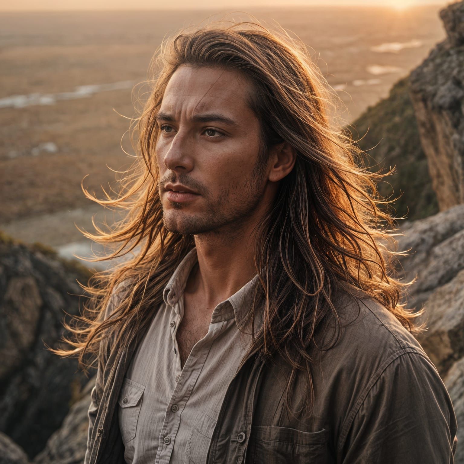 Close-up portrait a man with long hair standing on a cliff, wind blowing hair back, sunset, 