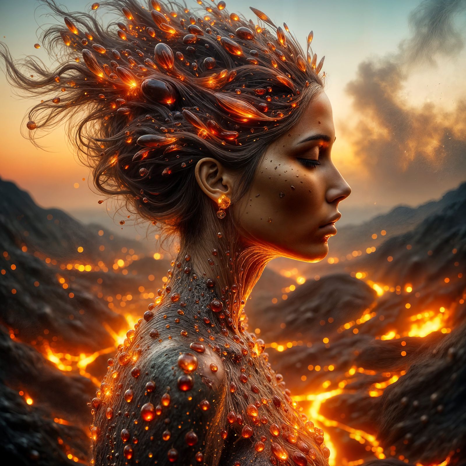 ANIMATE this picture so the woman’s hair begins to move like  like wild fire. Animate her hair so the strands ripple, fl...