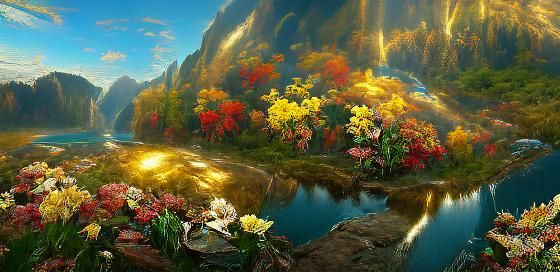 A beautiful painting of a river full of clear cystal deep bl...